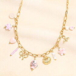 Stainless Steel Pink Vintage Charm Chain Necklace in Gold