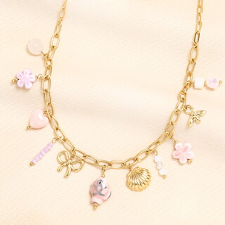 Stainless Steel Pink Vintage Charm Chain Necklace in Gold