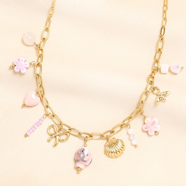 Stainless Steel Pink Vintage Charm Chain Necklace in Gold