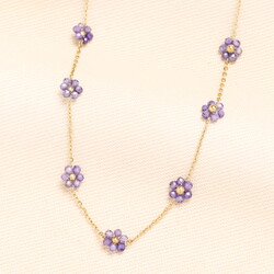 Stainless Steel Purple Flower Beaded Chain Necklace in Gold