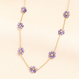 Stainless Steel Purple Flower Beaded Chain Necklace in Gold