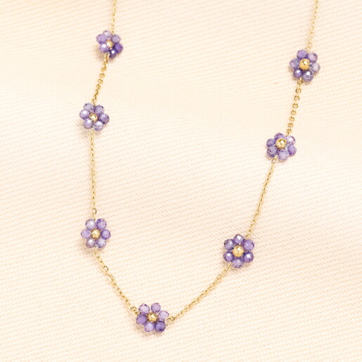 Stainless Steel Purple Flower Beaded Chain Necklace in Gold