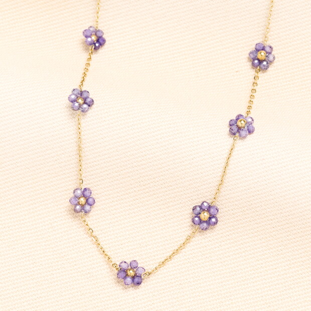 Stainless Steel Purple Flower Beaded Chain Necklace in Gold