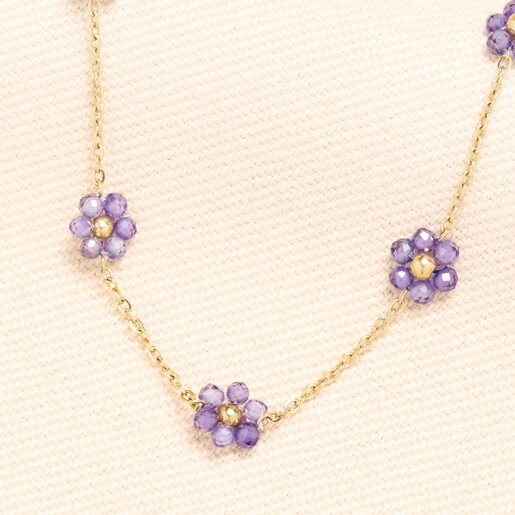 Stainless Steel Purple Flower Beaded Chain Necklace in Gold