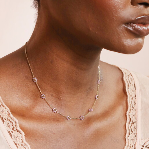 Stainless Steel Purple Flower Beaded Chain Necklace in Gold