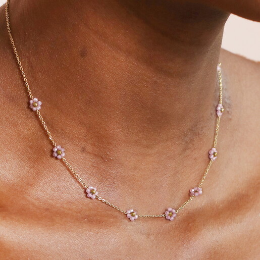 Stainless Steel Purple Flower Beaded Chain Necklace in Gold