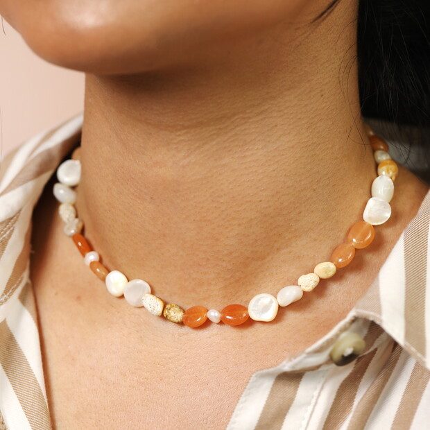 Stainless Steel Semi Precious Neutral Beaded Necklace in Gold