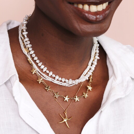 Stainless Steel Double Layer Pearl Beaded Necklace in Gold