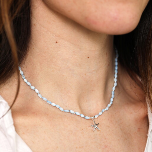 Stainless Steel Starfish Charm Blue Beaded Necklace in Silver
