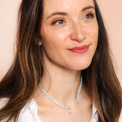 Stainless Steel Starfish Charm Blue Beaded Necklace in Silver