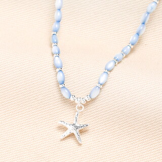Stainless Steel Starfish Charm Blue Beaded Necklace in Silver