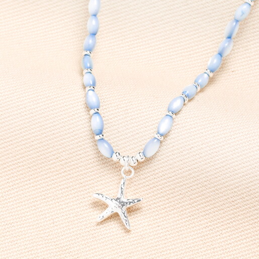 Stainless Steel Starfish Charm Blue Beaded Necklace in Silver