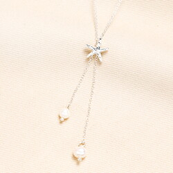 Stainless Steel Starfish and Pearl Pendant Necklace