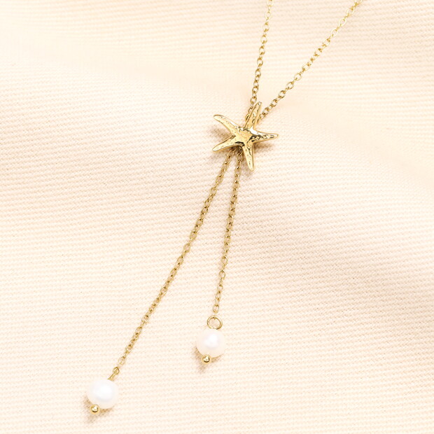 Stainless Steel Starfish and Pearl Pendant Necklace in Gold