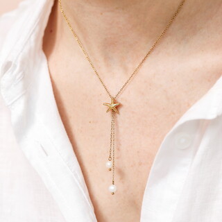 Stainless Steel Starfish and Pearl Pendant Necklace in Gold