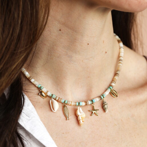 Stainless Steel Summer Shell Charm Necklace in Gold