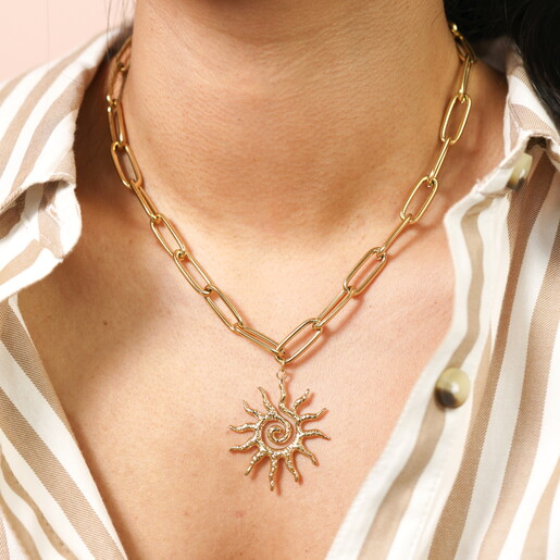 Stainless Steel Sun Charm Paperclip Chain Necklace in Gold