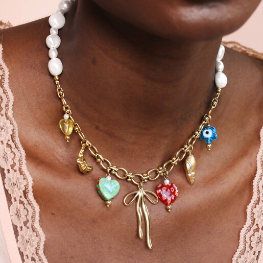 Stainless Steel Vintage Charm and Pearl Chunky Necklace in Gold