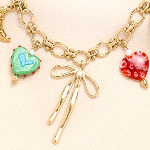 Stainless Steel Vintage Charm and Pearl Chunky Necklace in Gold