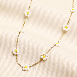 Stainless Steel White Beaded Daisy Charm Necklace in Gold