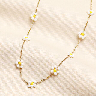 Stainless Steel White Beaded Daisy Charm Necklace in Gold