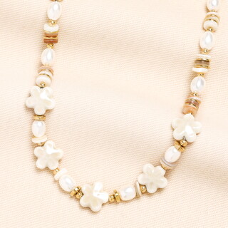 Stainless Steel White Flower Beaded Necklace in Gold