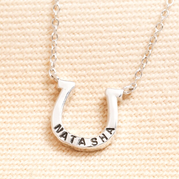 Personalised Stainless Steel Horseshoe Charm Necklace in Silver