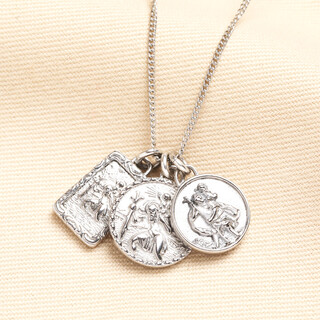 Stainless Steel Vintage Style St Christopher Charms Long Chain Necklace in Silver
