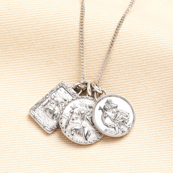 Stainless Steel Vintage Style St Christopher Charms Long Chain Necklace in Silver