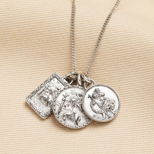long chain st christopher charms necklace in silver