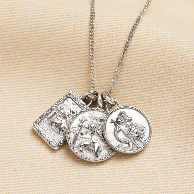 Stainless Steel Vintage Style St Christopher Charms Long Chain Necklace in Silver