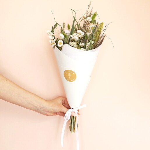 green and white dried flower bouquet