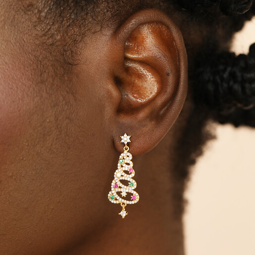 sparkly rainbow drop earrings on model 