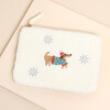 White sherpa fleece coin purse embroidered with a sausage dog in festive clothing.