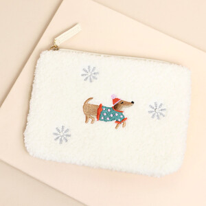 White Embroidered Snowflake Sausage Dog Coin Purse