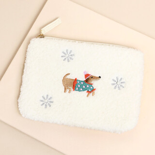 White Embroidered Snowflake Sausage Dog Coin Purse