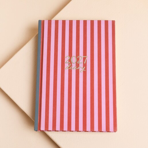 Front cover of pink and burgundy striped 2027 diary with gold foil lettering