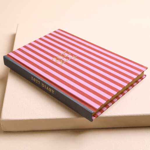 Angled view of pink striped 2027 diary showing grey spine