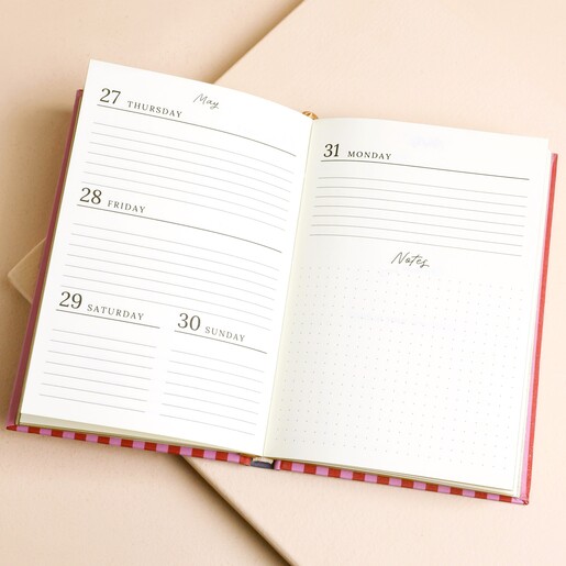 Open 2027 diary showing weekly schedule layout and notes section