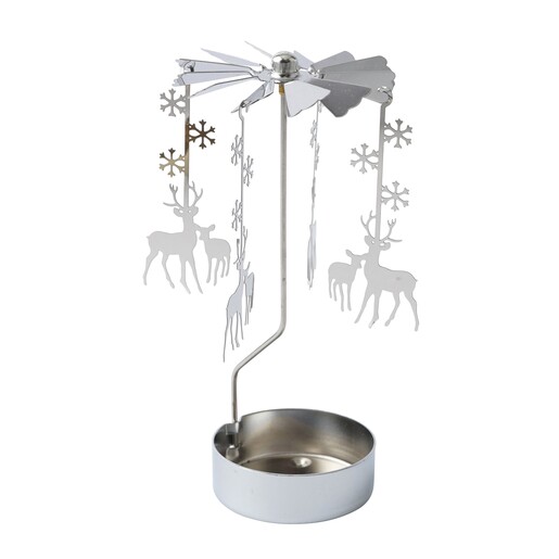 Silver metal Christmas rotary tealight holder with spinning reindeer and snowflake charms.