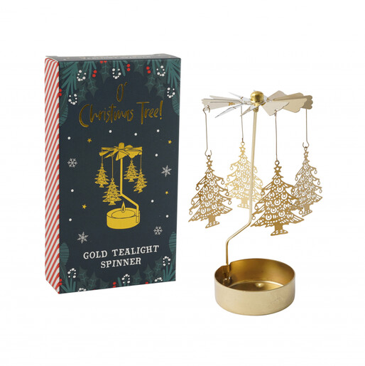 Gold Christmas tree tealight spinner beside patterned festive gift box