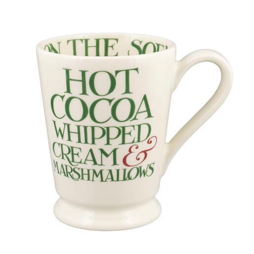 Emma Bridgewater ceramic hot cocoa mug featuring festive red and green typography