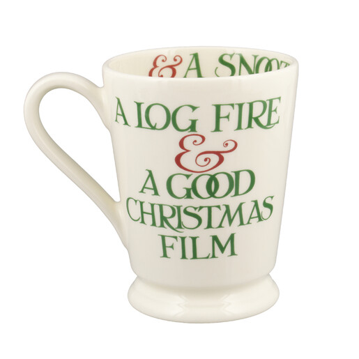 Reverse side of Emma Bridgewater mug reading A Log Fire & A Good Christmas Film
