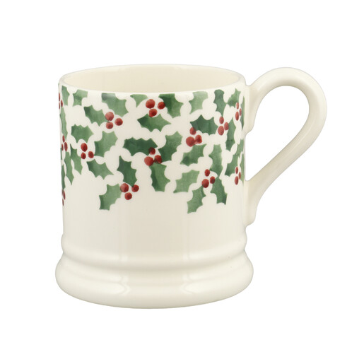 Emma Bridgewater ceramic half pint mug featuring a scattered green holly and red berry design