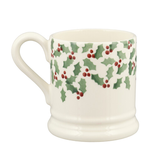 Emma Bridgewater scattered holly mug shown from the side with handle to the left