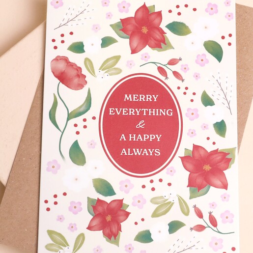 Close-up of Merry Everything and A Happy Always festive greetings card