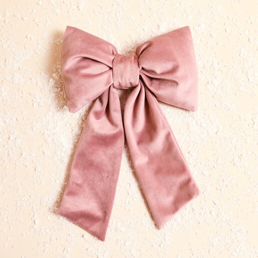 Large soft pink velvet bow Christmas tree topper with draping tails