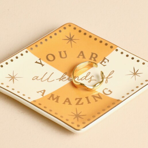 Close-up of ceramic diamond trinket dish with You Are All Kinds of Amazing quote