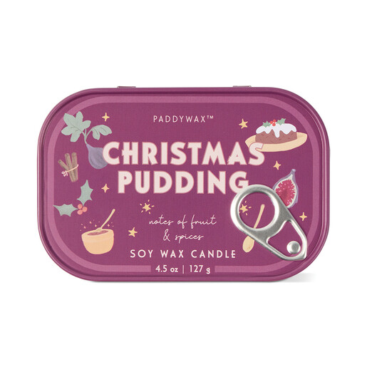 Top view of the closed purple bistro tin candle featuring Christmas pudding illustration.