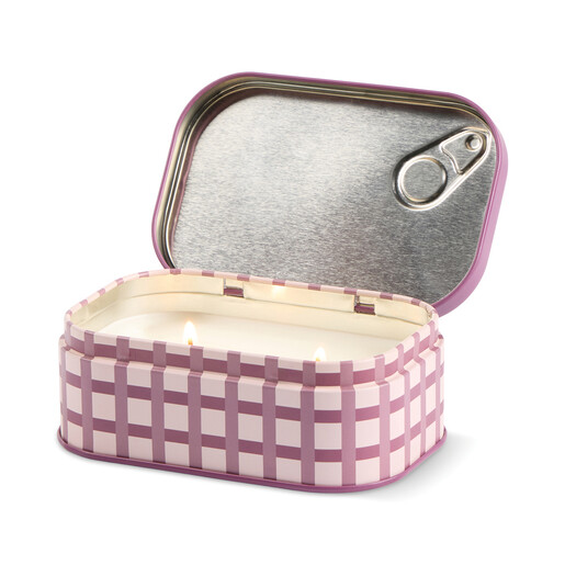 Open Paddywax bistro tin candle showing white soy wax and two lit wicks.
